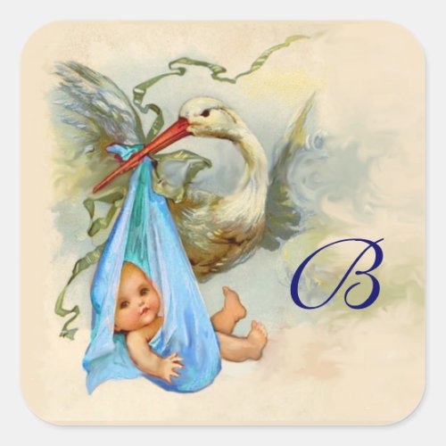 BLUE STORK BABY SHOWER MONOGRAM SQUARE STICKER