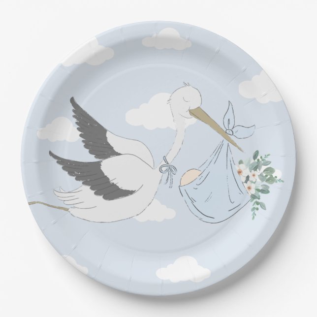 Blue Stork Baby Shower Paper Plates (Front)