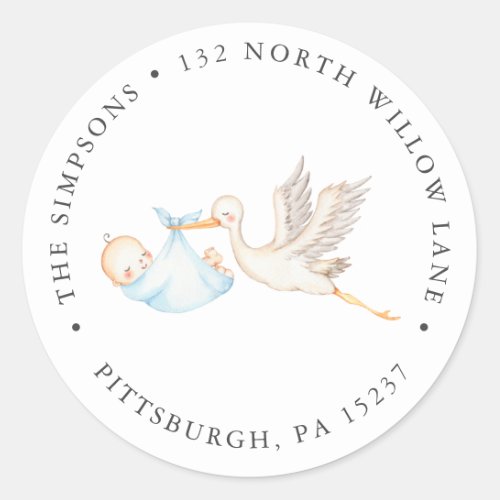 Blue Stork Baby Shower Return Address Classic Round Sticker