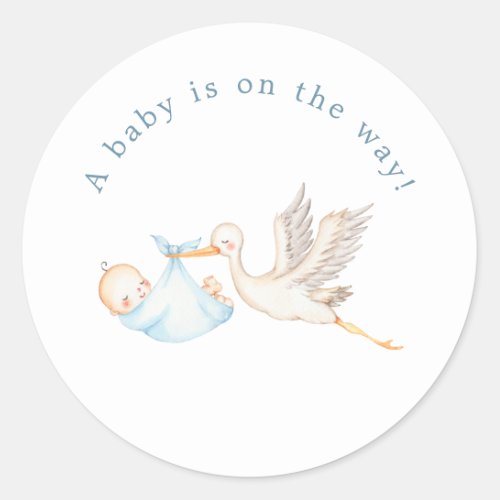 Blue Stork Baby Shower Round Sticker