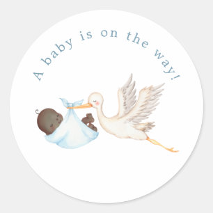 Blue Stork Baby Shower Round Sticker