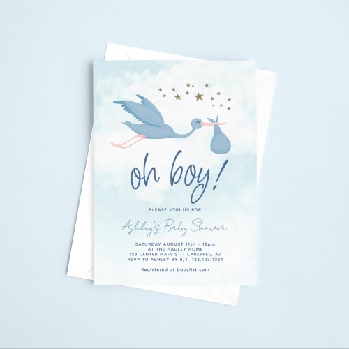 Blue Stork Boy Baby Shower Invitation