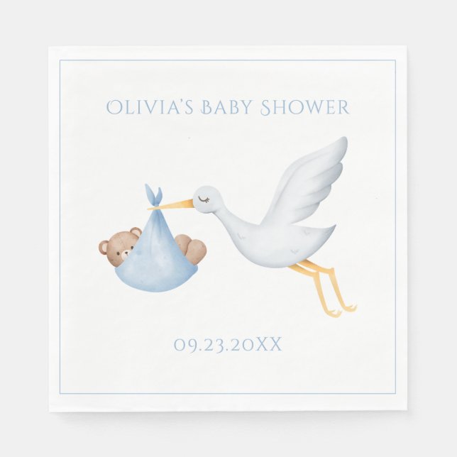Blue Stork Boy Baby Shower Napkins (Front)