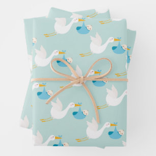 Blue Stork Boy Baby Shower Wrapping Paper Sheets