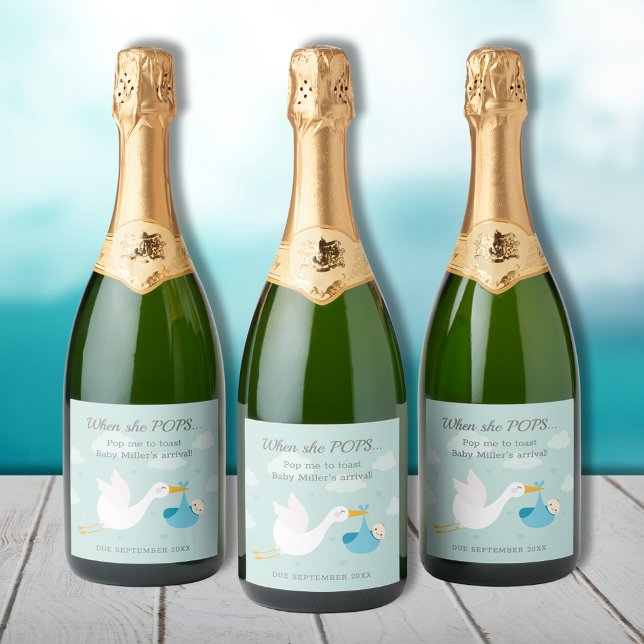 Blue Stork Bundle Pop It Sparkling Wine Label (Cute blue stork bundle boy baby shower Pop It personalized champagne bottle labels)