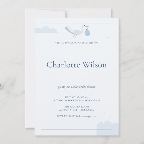 Blue Stork Cloud Bundle of Joy Baby Shower Invitation