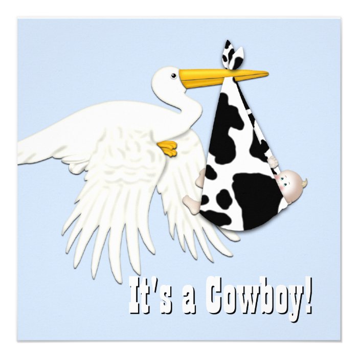 Blue Stork Cow Print Cowboy Baby Shower Custom Announcement