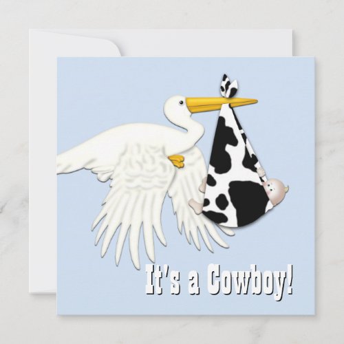 Blue Stork Cow Print Cowboy Baby Shower Invitation
