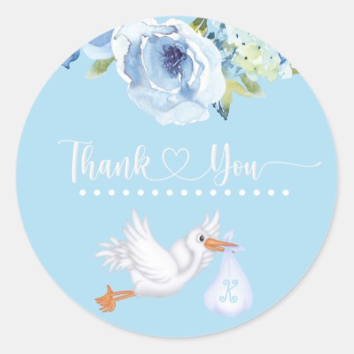  Blue Stork Monogram Floral Baby Shower Thank You Classic Round Sticker