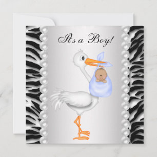 Blue Stork Zebra Baby Boy Shower Invitation