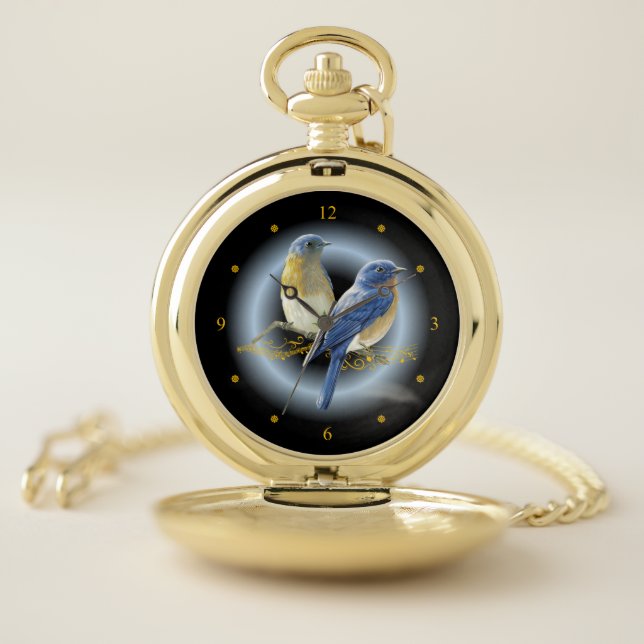 Blue & Straw Birds ~  Gold Musical Scroll ~ * ~ Pocket Watch (Inside)