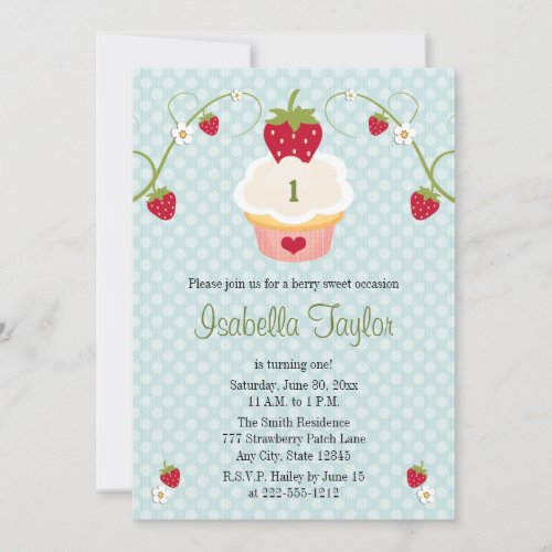 Blue Strawberry Cupcake Birthday Invitation Any Ag