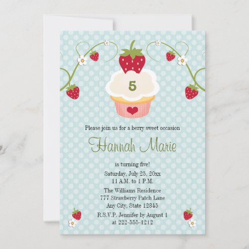Blue Strawberry Cupcake Birthday Photo Invitation