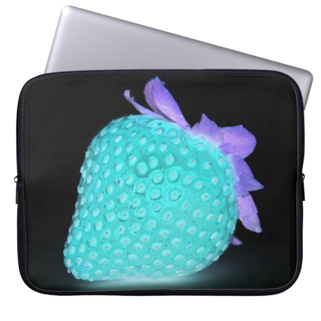 Blue strawberry neon cute black laptop sleeve (Front)