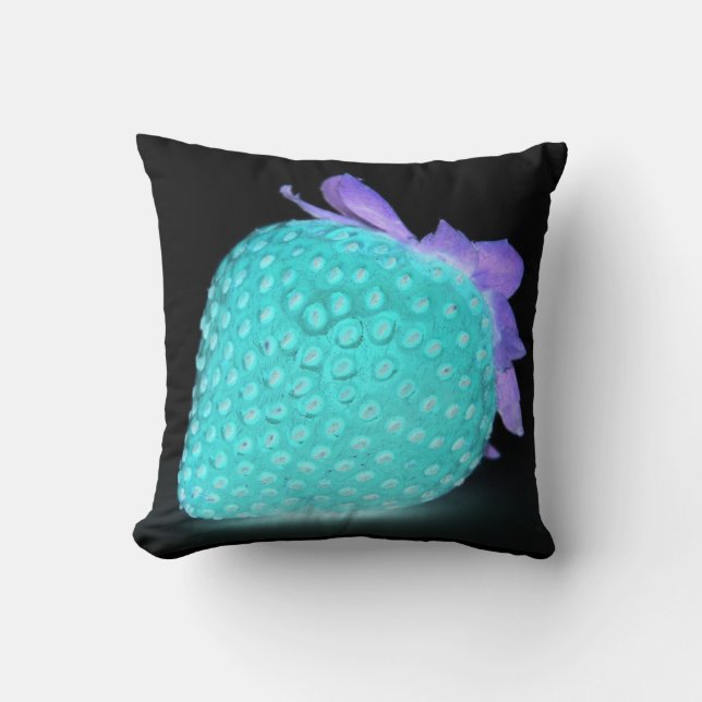 Blue strawberry neon cute fruit black throw pillow (Front)