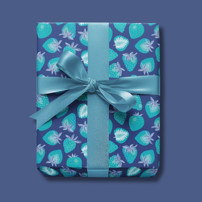 Blue Strawberry pattern Wrapping Paper (Cute strawberry summer fruit wrapping paper, ideal for birthdays gift wrap.)