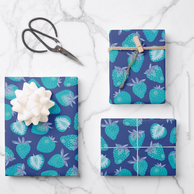 Blue Strawberry pattern Wrapping Paper Sheets (Front)