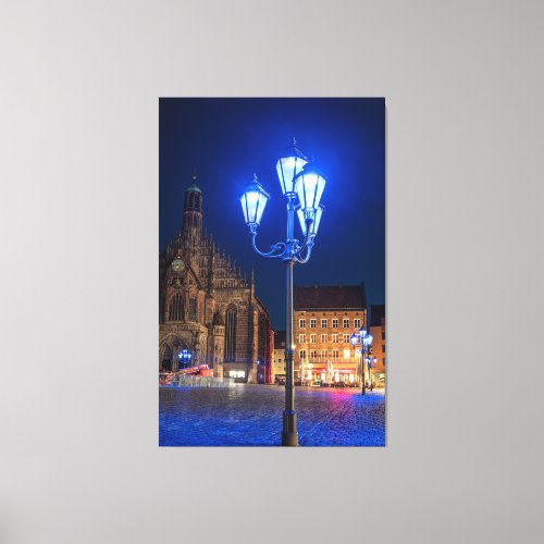 Blue street lights in Nuremberg Germany Canvas Print