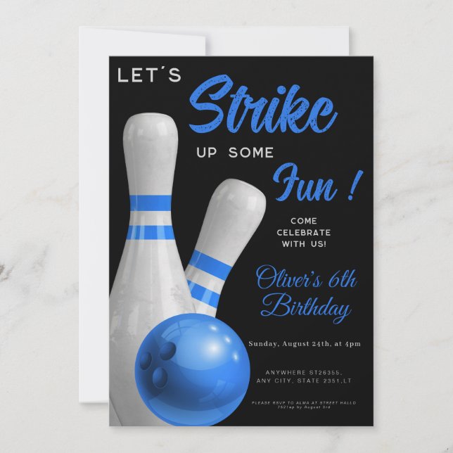 Blue Strike Up Some fun boy bowling birthday Invitation (Front)