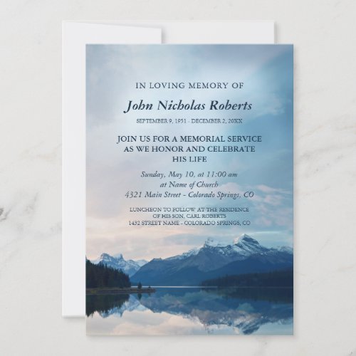 Blue Striking Mountain Lake Memorial Service Invitation
