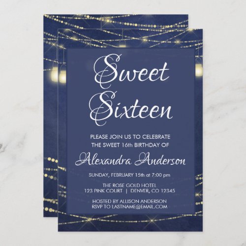 Blue String Light Mason Jar Sweet 16 Birthday Invitation