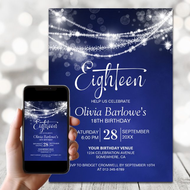 Blue String Lights 18th Birthday Party Invitation (Creator Uploaded)