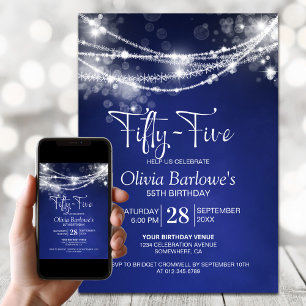 Blue String Lights 55th Birthday Party Invitation