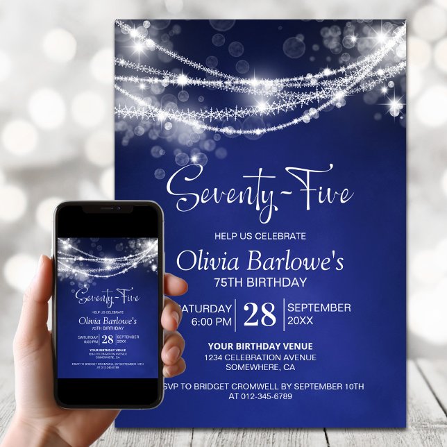 Blue String Lights 75th Birthday Party Invitation (Creator Uploaded)