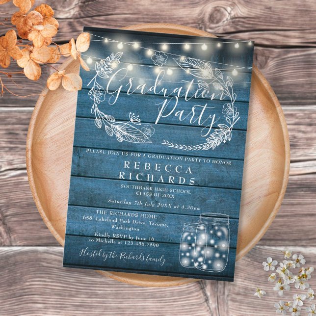Blue String Lights Mason Jars Graduation Party Invitation (Creator Uploaded)