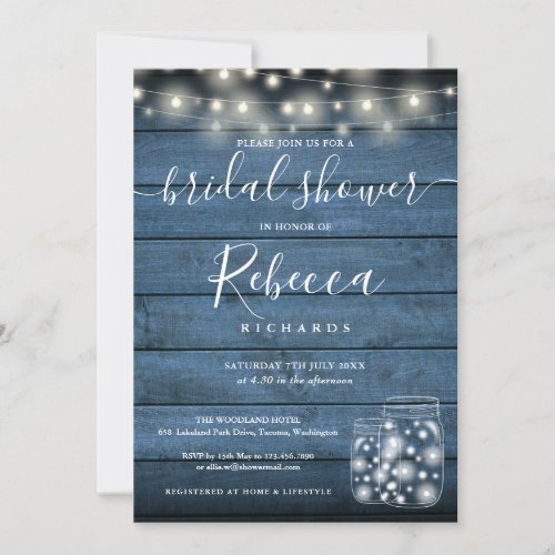 Blue String Lights Mason Jars Script Bridal Shower Invitation