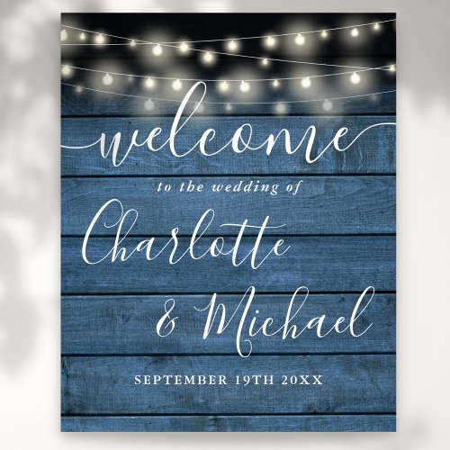 Blue String Lights Rustic Wedding Welcome Sign