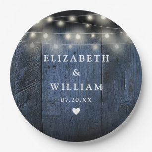 Blue String Lights Rustic Wood Boho Barn Wedding Paper Plates