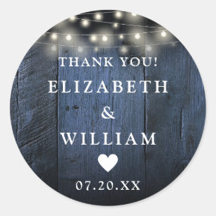 Blue String Lights Rustic Wood Boho Wedding Favor Classic Round Sticker