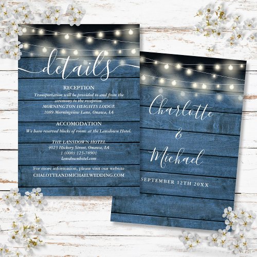 Blue String Lights Rustic Wood Wedding Details Enclosure Card