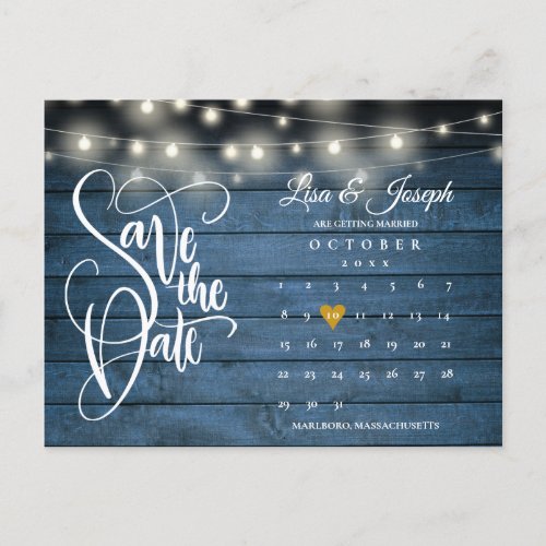 Blue String Lights Save the Date Calendar Photo Announcement Postcard
