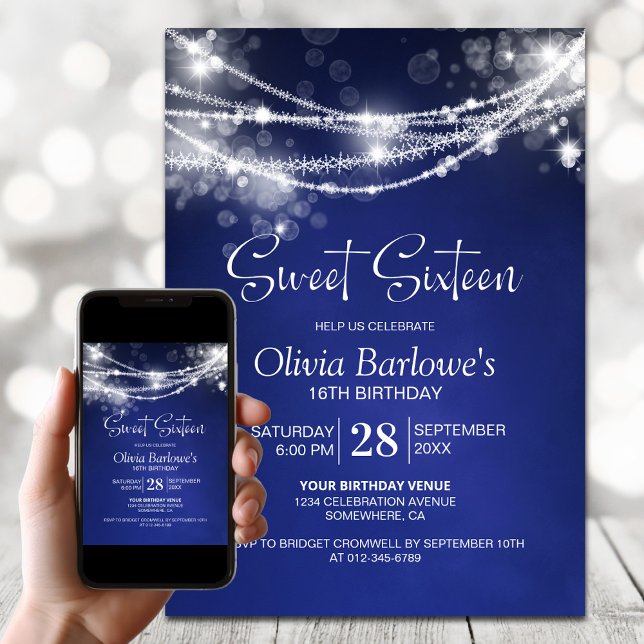 Blue String Lights Sweet Sixteen Birthday Party Invitation (Creator Uploaded)