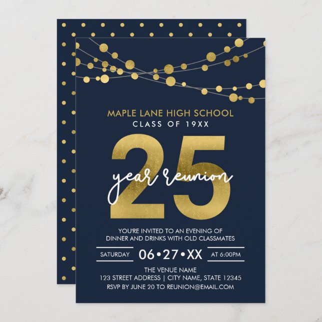 Blue Strings of Lights 25 Year Class Reunion Invitation (Front/Back)