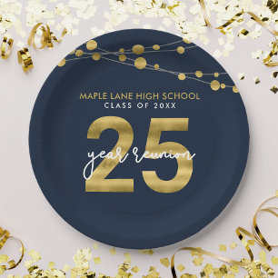 Blue Strings of Lights 25 Year Class Reunion Paper Plates