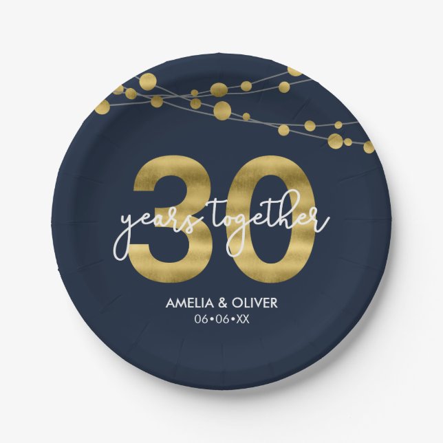 Blue Strings of Lights 30th Anniversary Party Paper Plates (Front)