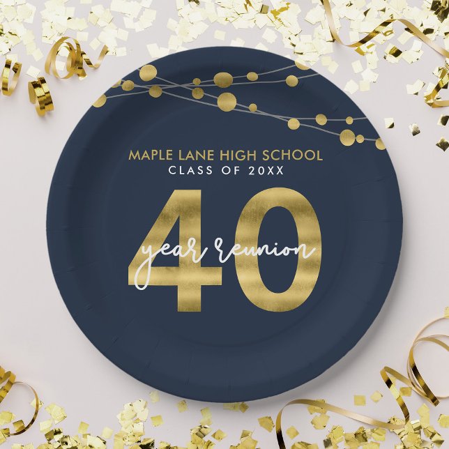 Blue Strings of Lights 40 Year Class Reunion Paper Plates (Creator Uploaded)