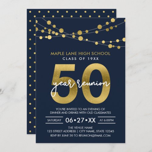 Blue Strings of Lights 50 Year Class Reunion Invitation