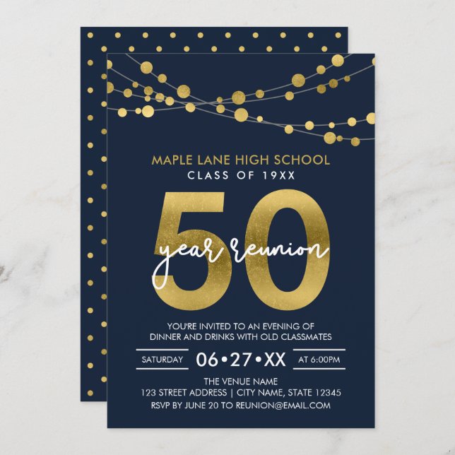 Blue Strings of Lights 50 Year Class Reunion Invitation (Front/Back)
