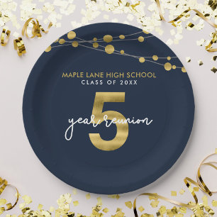 Blue Strings of Lights 5 Year Class Reunion Paper Plates