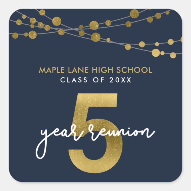 Blue Strings of Lights 5 Year Class Reunion Square Sticker (Front)
