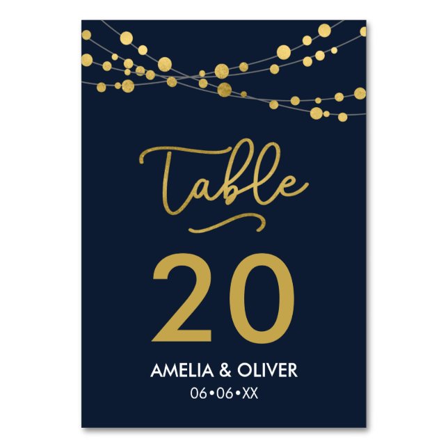 Blue Strings of Lights Editable Table Number (Front)
