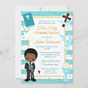 Blue Stripe African American Boy First Communion Invitation