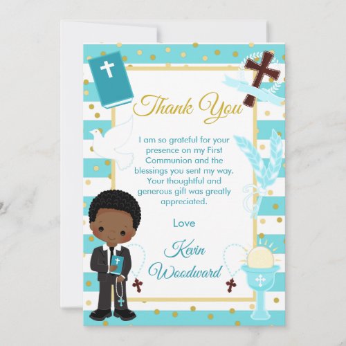 Blue Stripe African American Boy First Communion Thank You Card
