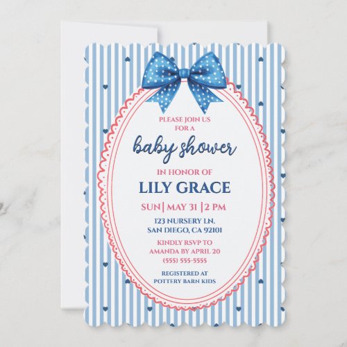 Blue Stripe and Bow Baby Shower Invitation