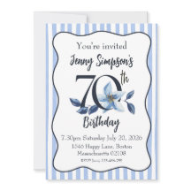 Blue stripe and floral 70th birthday invitation