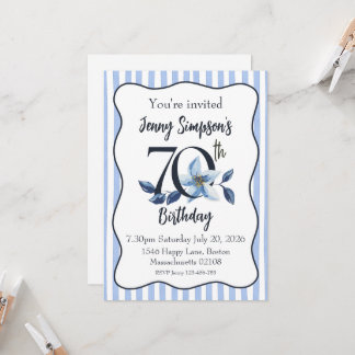 Blue stripe and floral 70th birthday invitation